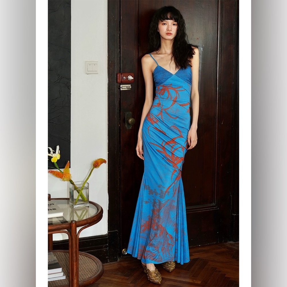 Elegant Blue and Red Floral Dress